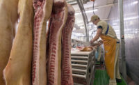 Butcher cutting meat on the Food Processing Plant