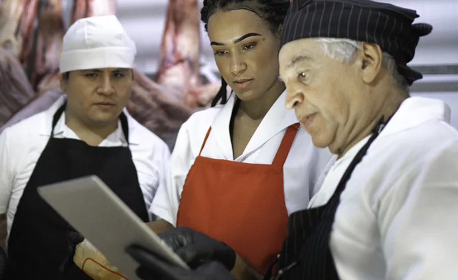 Butchers analyzing meat