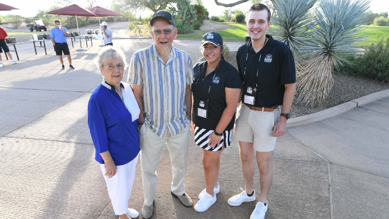 Virginia and Mick Colvin with Alex Cozzitorto and Forest Francis at the 2022 Colvin Scholarship golf outing in Phoenix, Arizona.
