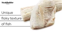 The tender flakiness of cooked fish Cultivated fish, with caption "Unique flaky texture of fish"