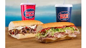 Jersey Mike's Subs, two sandwiches and two beverages