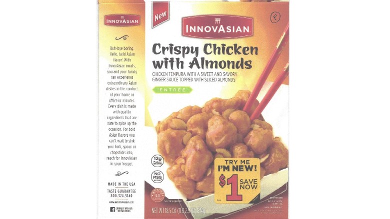 “INNOVASIAN Crispy Chicken with Almonds ENTREE” product with lot code 22321-1, UPC code 695119120499, and a best by date 05/24/2023.