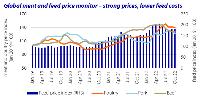 Global meat and feed price monitor - strong prices, lower feed costs