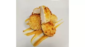Hybrid cultivated chicken nugget made with Matrix F.T.'s edible and animal component-free microcarriers.