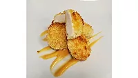 Hybrid cultivated chicken nugget made with Matrix F.T.'s edible and animal component-free microcarriers.