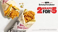 Starting Feb. 6, new Kentucky Fried Chicken Wraps will be available online at KFC.com, on the KFC mobile app and at KFC restaurants nationwide. Get 2 for $5. New Kentucky Fried Chicken Wraps infographic