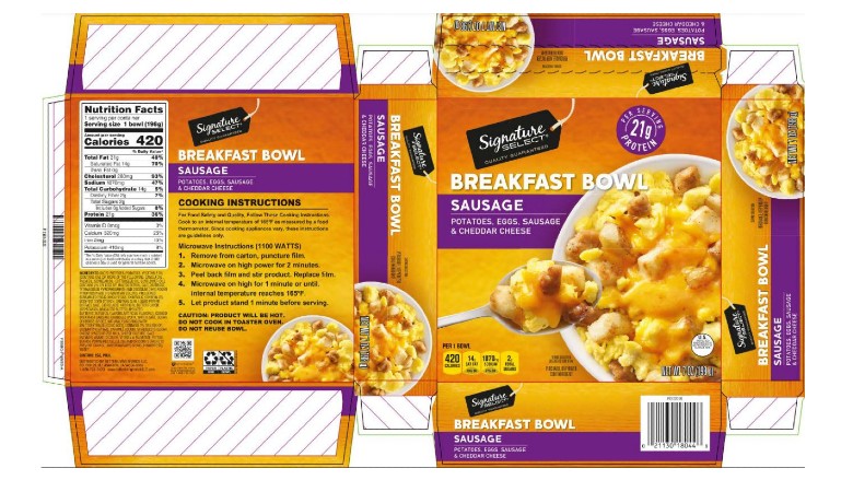 Signature SELECT BREAKFAST BOWL SAUSAGE POTATOES, EGGS, SAUSAGE & CHEDDAR CHEESE label