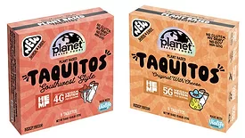 Planet Based Foods' hemp-based taquitos that now feature Violife vegan Colby Jack Shreds