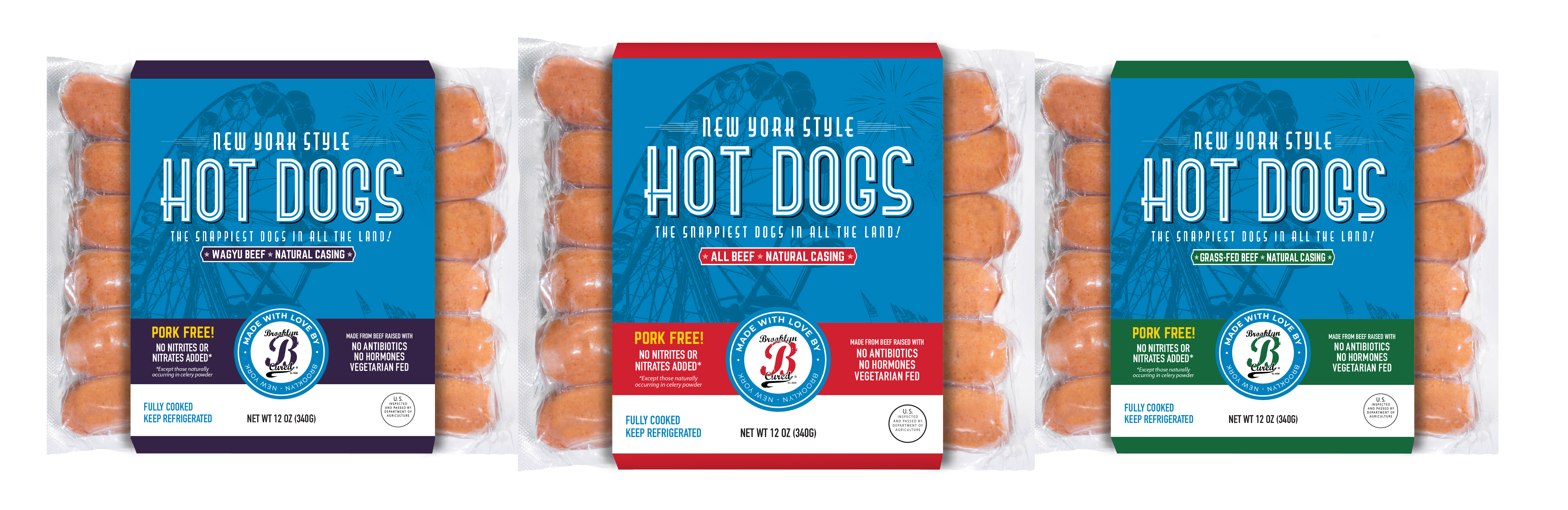 Three varieties of Brooklyn Cured Hot Dogs