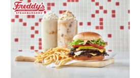 Freddy's Steakburger Stacker with shoestring fries and desserts