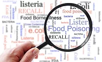 Food poisoning related terms, salmonella, e coli etc, in a word cloud with magnifying glass Food poisoning related terms, salmonella, e coli etc, in a word cloud with magnifying glass