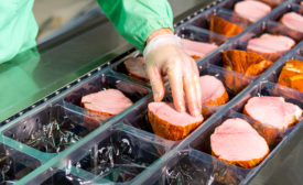 Several chunks of raw meat being processed packaged and shipped