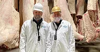 Ryan Meyer (left), Creekstone Farms senior vice president of procurement and marketing, and Michael Sullivan, Creekstone Farms regional sales manager at the Arkansas City, Kan., processing facility. Ryan Meyer (left), Creekstone Farms senior vice president of procurement and marketing, and Michael Sullivan, Creekstone Farms regional sales manager at the Arkansas City, Kan., processing facility.