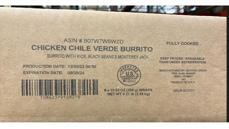 Chicken Chile Verde Burrito with Rice, Black Beans, and Monterey Jack - case label
