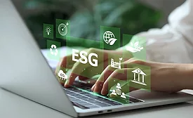ESG environmental social governance investment business concept. Woman working on laptop computers with ESG icons surround. Concept of Investment strategy for Business and environmental sustainability