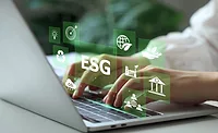 ESG environmental social governance investment business concept. Woman working on laptop computers with ESG icons surround. Concept of Investment strategy for Business and environmental sustainability
