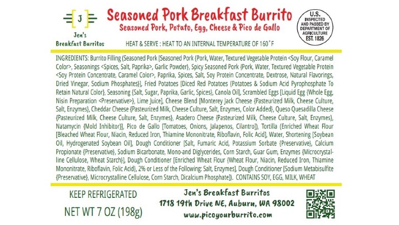 Product label for recalled breakfast burrito