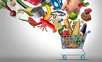 Shopping for Groceries and Grocery from a supermarket as a shop cart with milk eggs cheese meat bread fish vegetables and fruit as an icon representing consumer food purchase and family budgeting. Shopping for Groceries and Grocery from a supermarket as a shop cart with milk eggs cheese meat bread fish vegetables and fruit as an icon representing consumer food purchase and family budgeting.