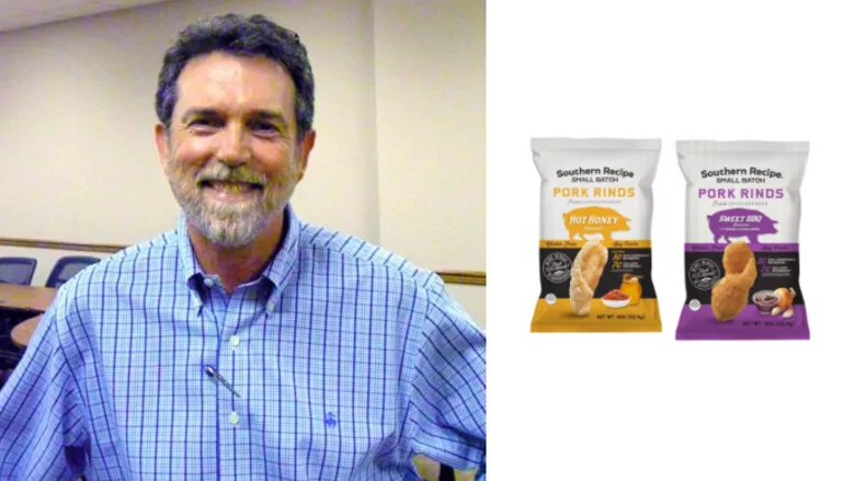 Mark Singleton, Rudolph Foods (L); Southern Recipe pork rinds (R)