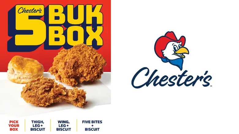 Chester's Chicken 5 Buk Box (left) next to Chester's Chicken logo (right)