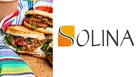 Halved sandwich (left) next to Solina logo (right)