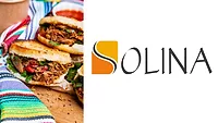 Solina specializes in savory food solutions for the food industry Halved sandwich (left) next to Solina logo (right)