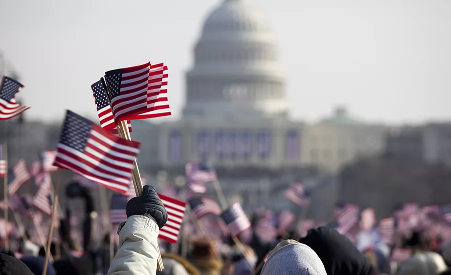 The inauguration of President Barack Obama, January 20th 2009. Unrecognizable crowds in the Washington DC Mall.