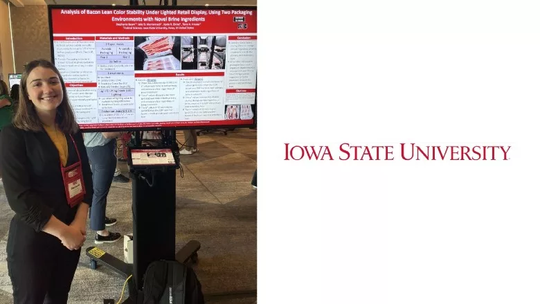 Stephanie Major, senior, animal science, with her award-winning poster about bacon research