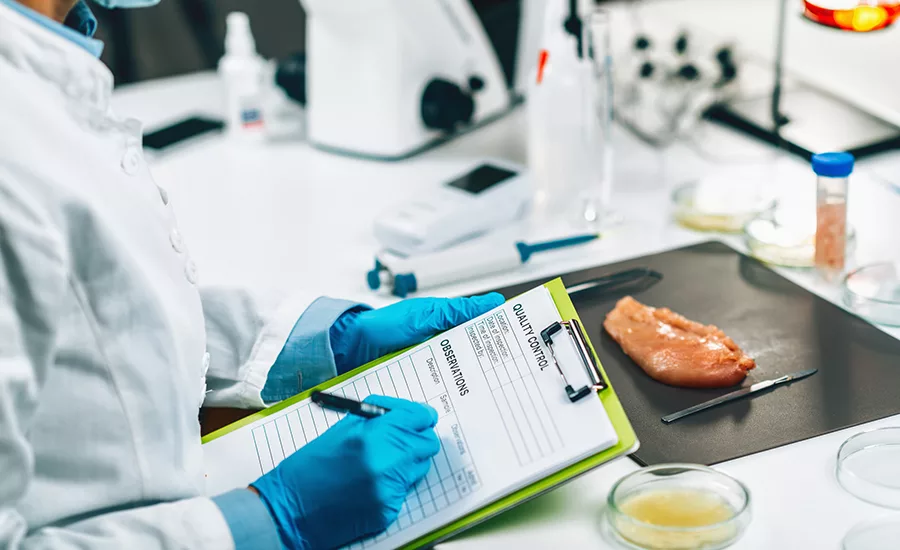 a food safety and quality management inspector conducting a quality control inspection in a laboratory setting