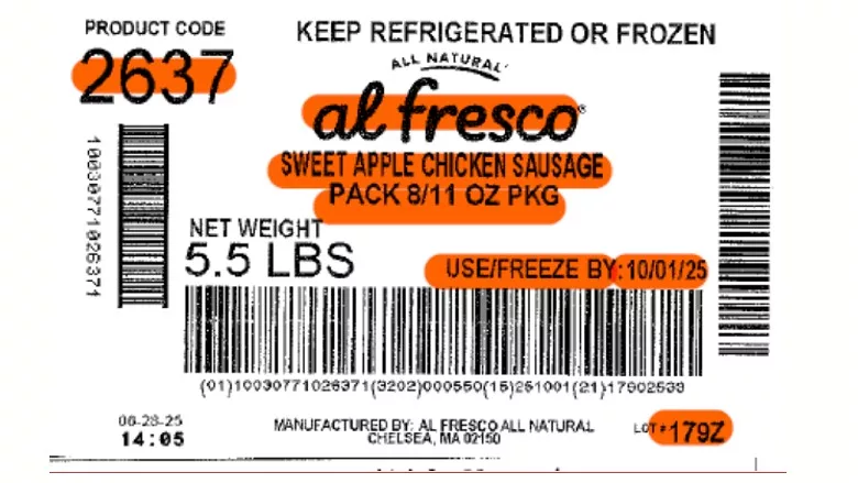 Recalled chicken sausage product label