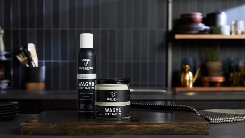 South Chicago Packing Wagyu Beef Tallow Spray and Glass Jar.