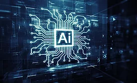The image represents Artificial Intelligence (AI) and data mining, often symbolized by circuit board patterns and data flow