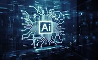 The image represents Artificial Intelligence (AI) and data mining, often symbolized by circuit board patterns and data flow