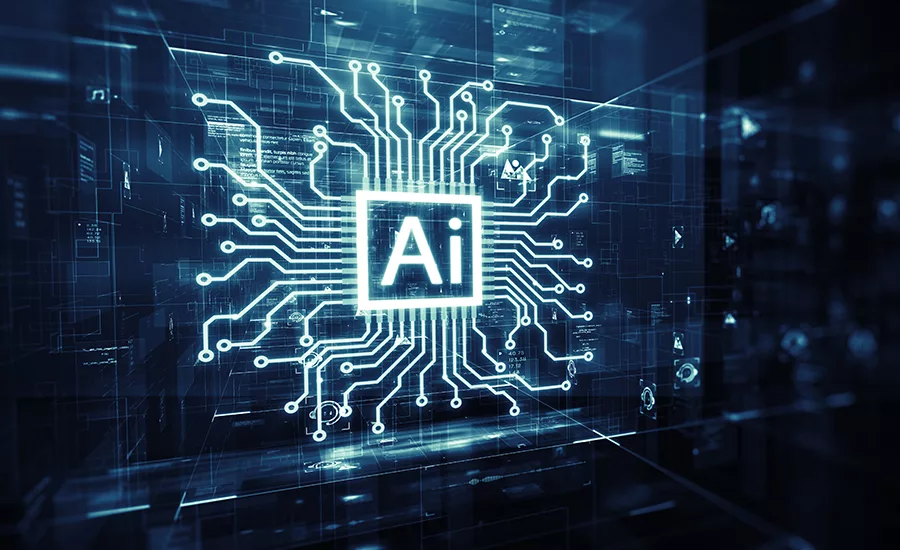 The image represents Artificial Intelligence (AI) and data mining, often symbolized by circuit board patterns and data flow