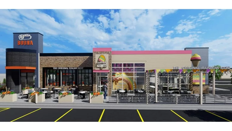 An exterior view of a Buona and Rainbow Cone Express location.