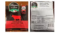Raw sirloin beef tip product label (front and back)