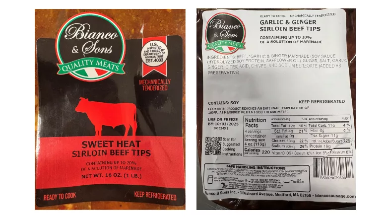 Raw sirloin beef tip product label (front and back)