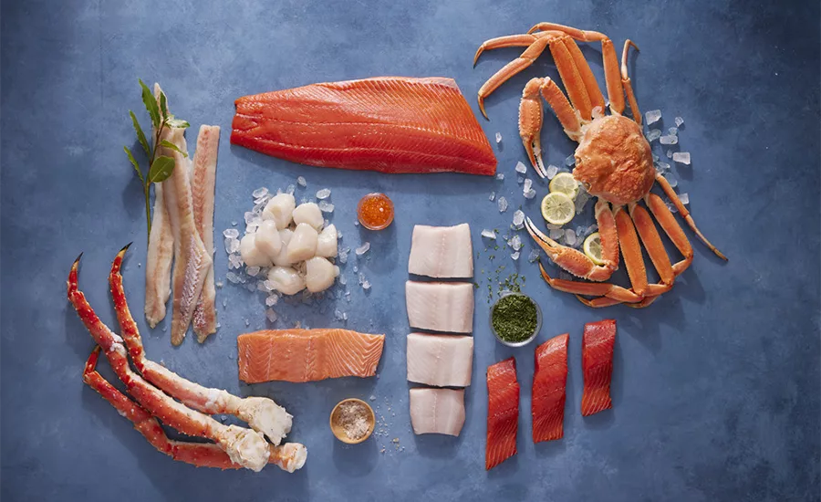 a collage of various seafood products from Alaska