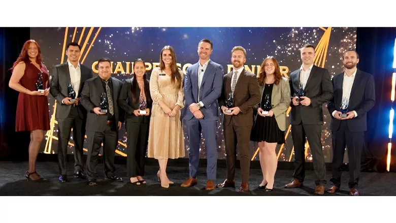 2025 On the Rise Award winners and Krista DeBrosse, director of trade show operations for PMMI