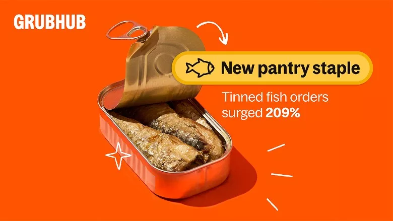 Graphic of tinned fish, stating Grubhub tinned fish grocery orders surged 209%