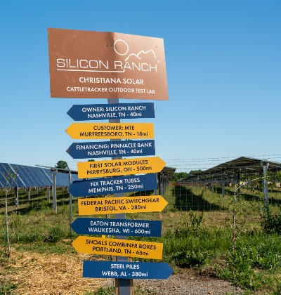 A sign on Silicon Ranch's Christiana Solar Ranch denotes where each element of the project was sourced within the United States, demonstrating the company's role in supporting domestic manufacturing.