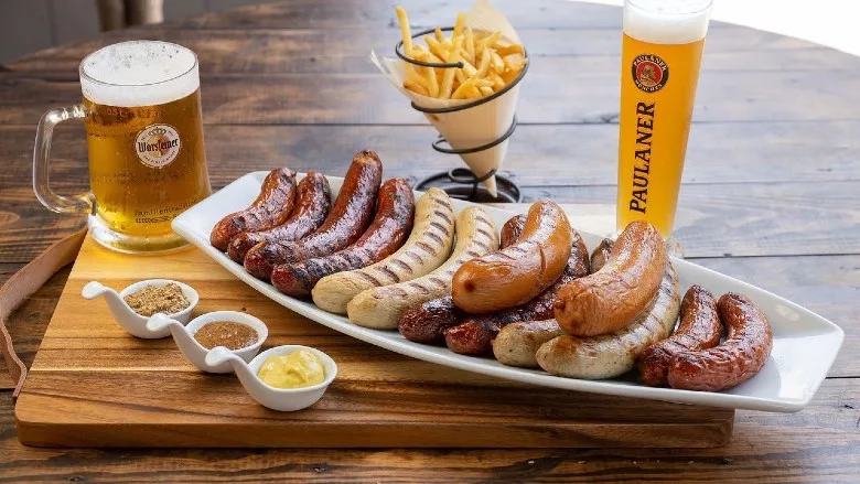 A sausage platter and German beer at Wurst Fest at Old World Huntington Beach
