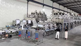 Automated packing line integrating weighing, filling and packaging systems for snack, ready meal and wet pet food manufacturing applications.