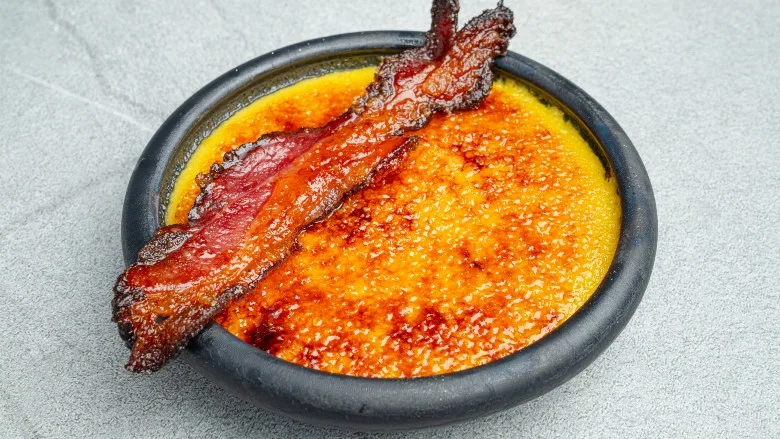 Creme brulee with candied bacon Creme brulee with candied bacon