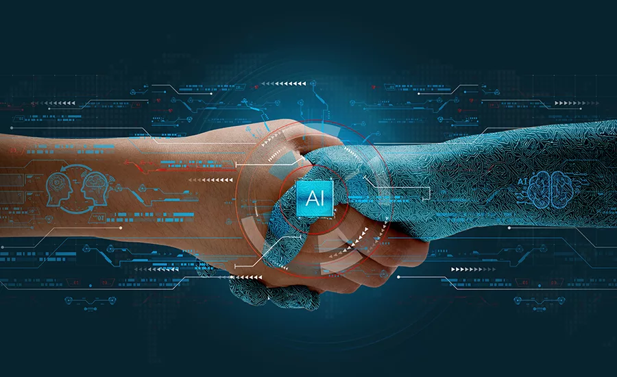 Real hand shaking a virtual one surrounded by a band of virtual data.
