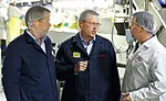 Chris Carter and Dan Huber of Foster Farms discuss the renovations at Foster Farms' Livingston, Calif., processing facility