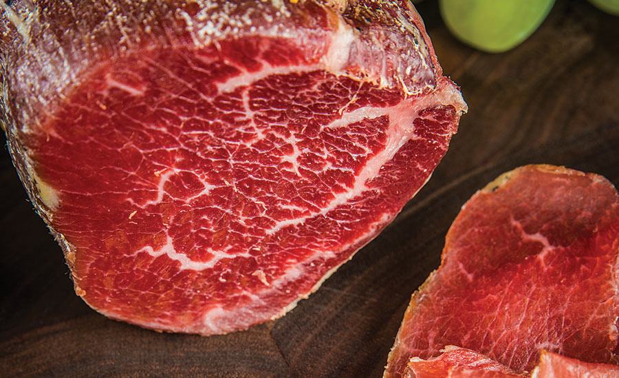 Bresaola is a dry-cured whole-muscle beef cut