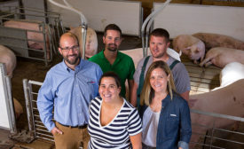 Clockwise from front: Monique Pairis-Garcia, Larry Sadler, Magnus Campler, Justin Kieffer and Amanda Young at OSU&rsquo;s Swine Facility in Columbus, Ohio