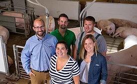 Clockwise from front: Monique Pairis-Garcia, Larry Sadler, Magnus Campler, Justin Kieffer and Amanda Young at OSU&rsquo;s Swine Facility in Columbus, Ohio