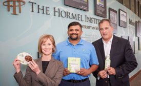 Melissa Bonorden, Chet Rao and Don Kremin, of Hormel Foods, display several Hormel Vital Cuisine products